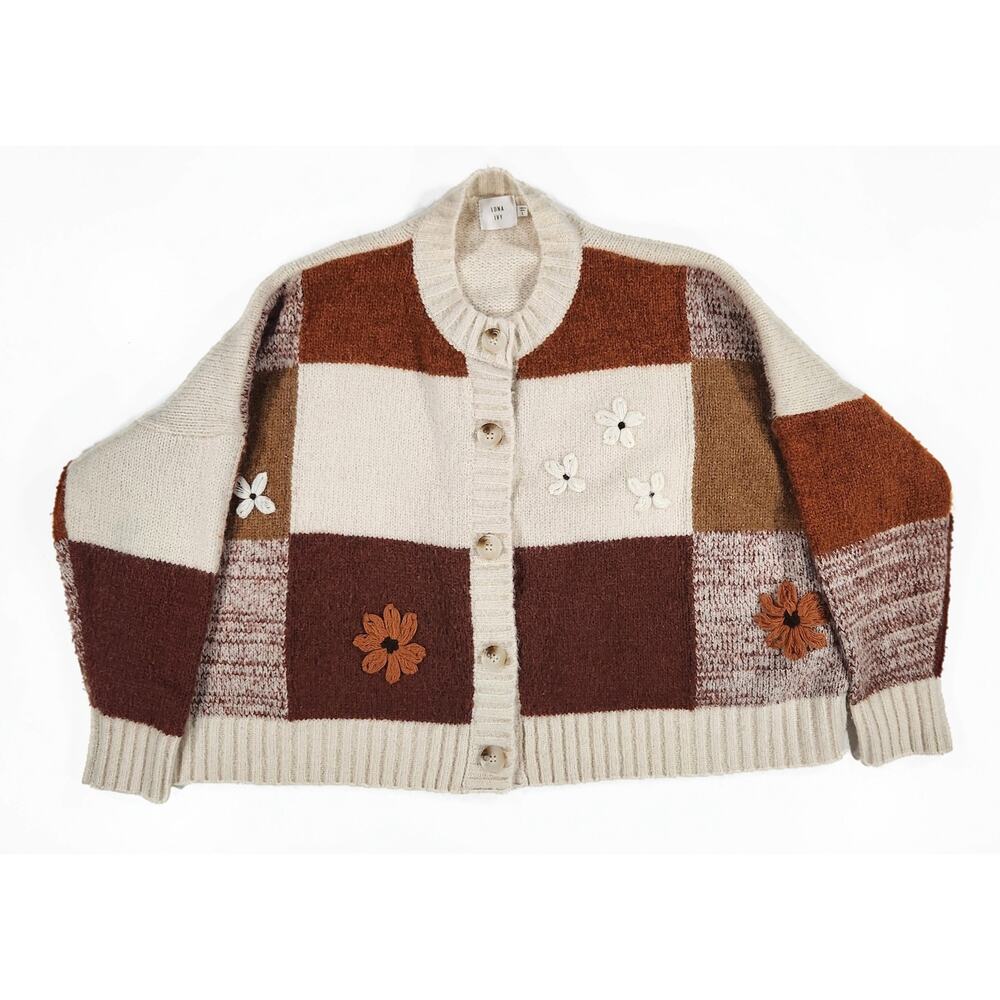 Luna Ivy L Patchwork Floral Embroidered Button Cardigan Sweater Grandmacore